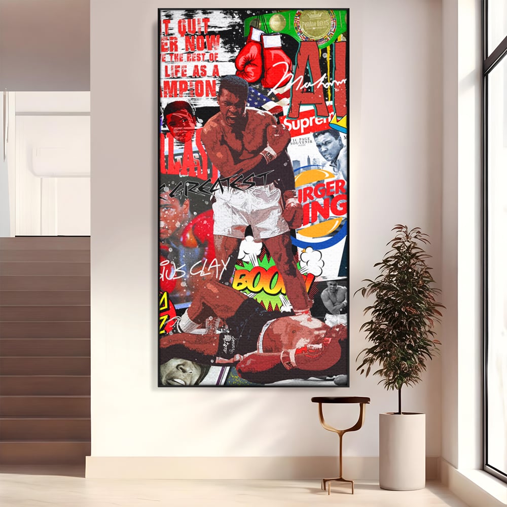 Tablou canvas cu tablou canvas cu muhammad ali in box, in rama de aluminiu negru
